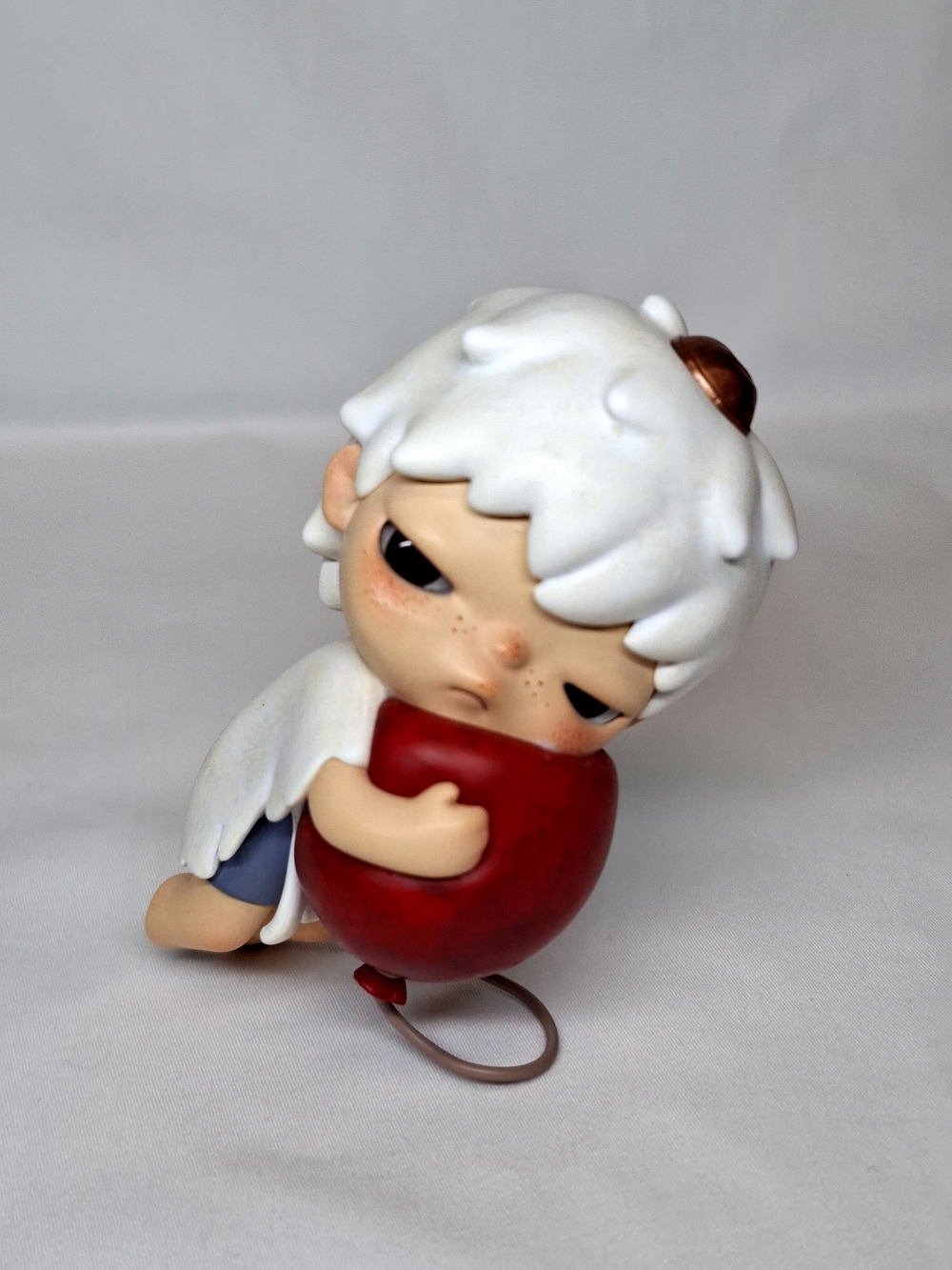 White-Haired Angel Figurine Hugging Red Heart Decorative Accent